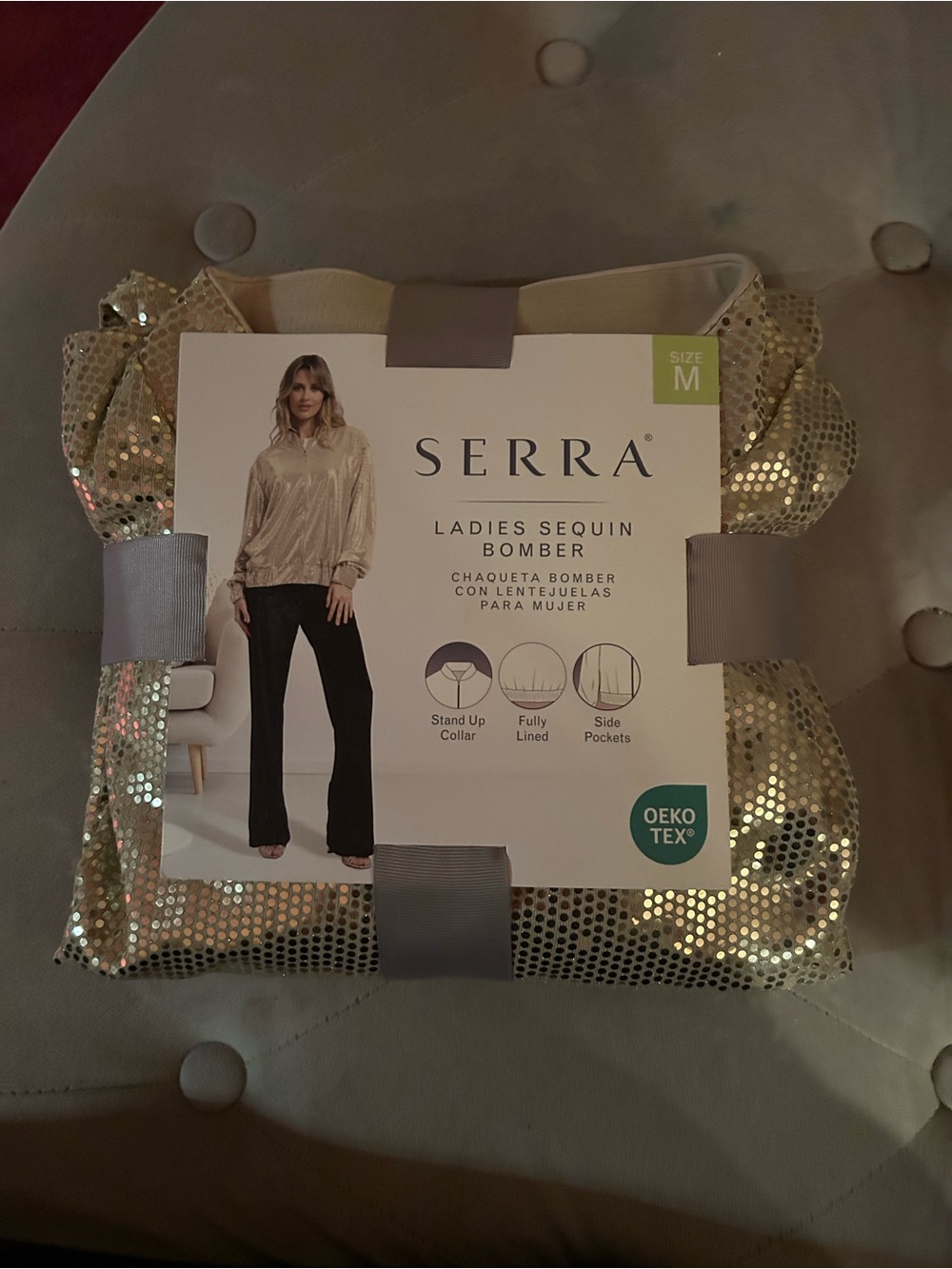 Serra Ladies Sequin Bomber Jacket - Gold, brand new, never worn, size medium